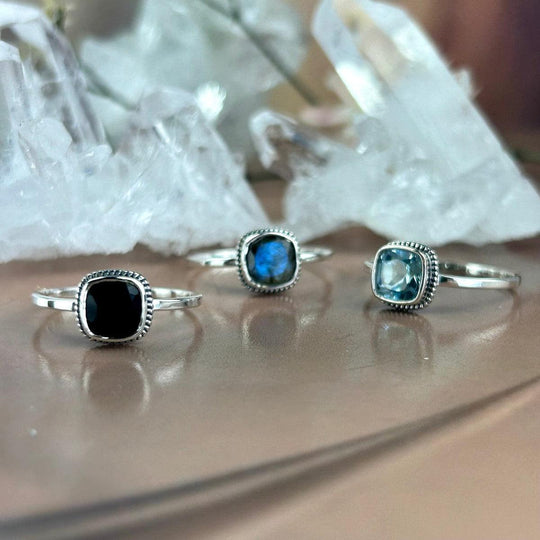 Labradorite, Blue Topaz or Black Onyx Square Cut Rings