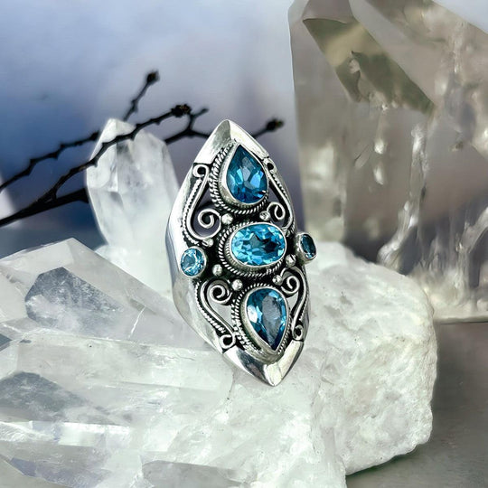 Blue Topaz Long Ornate Ring