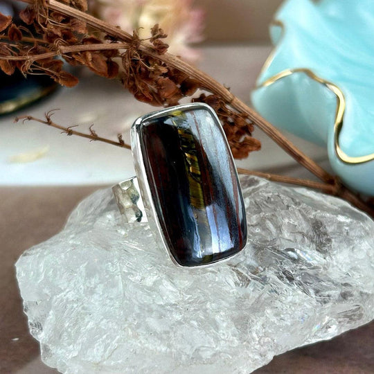 Tiger Iron Rectangular Battered Silver Ring
