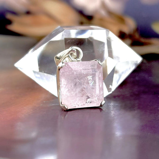 Morganite Square Cut Pendant With Rainbow Inclusions