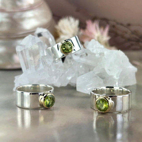Peridot Brilliant Cut Brass & Silver Wide Band Ring