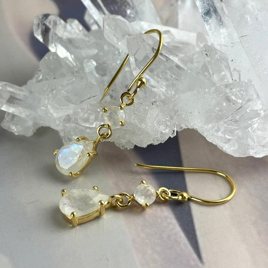 Rainbow Moonstone Gold Double Drop Earrings