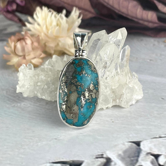 Turquoise (Persian) & Pyrite Elongated Oval Pendant
