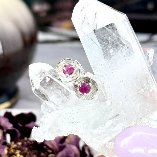 Ruby Silver Flower Stud Earrings