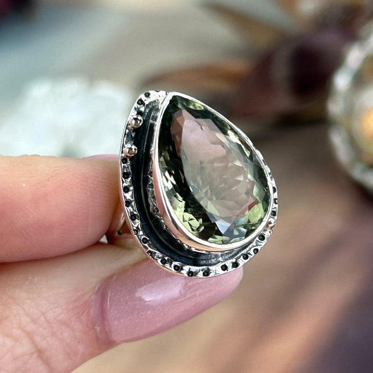 Green Amethyst Ornate Teardrop Ring