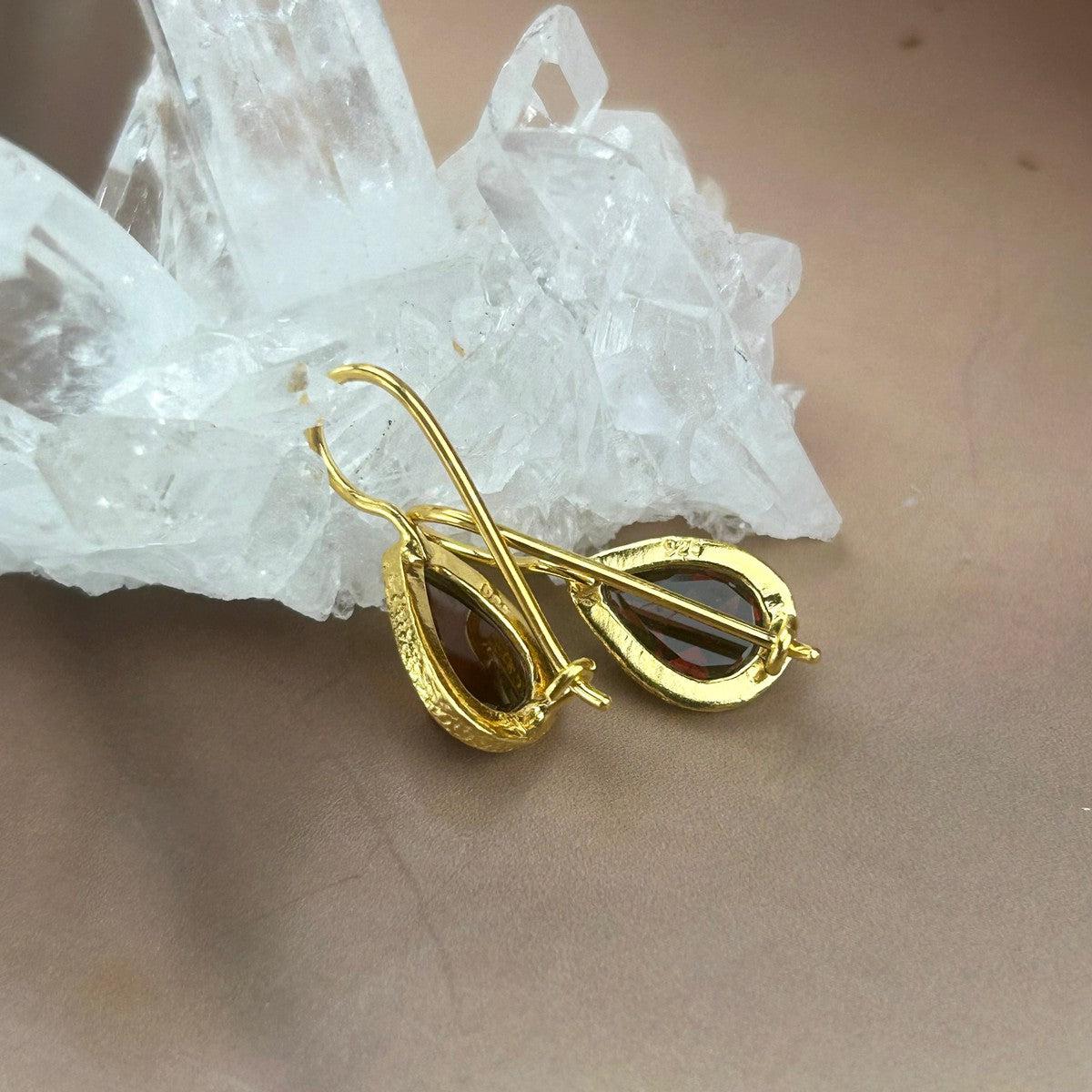 Garnet Pear Gold Earrings