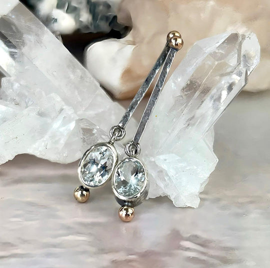 Ice Blue Oval Topaz Contemporary Bar Double Drop Earrings By Lauren Harris