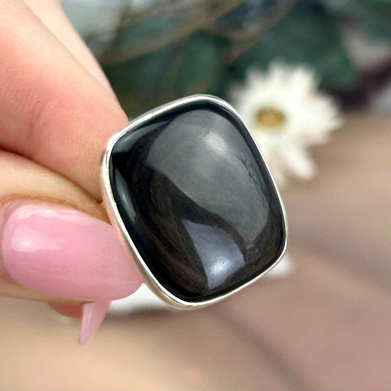 Battered Silver Obsidian Ring