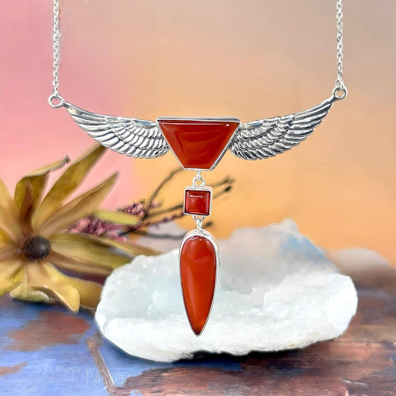 Carnelian Geometric Shapes Winged Pendant & Chain Necklace