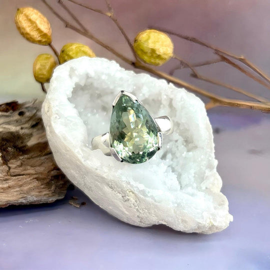 Green Amethyst Teardrop Cut Ring