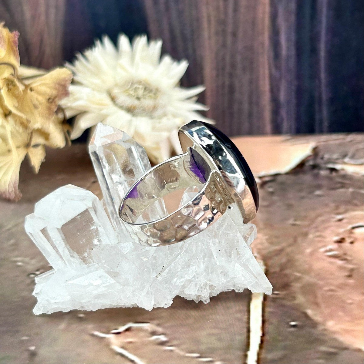 Hammered Silver Crystal Ring