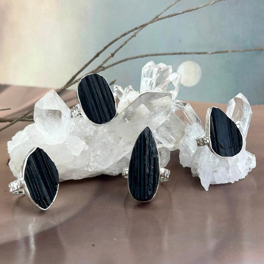 Black Tourmaline Raw Assorted Shape Rings