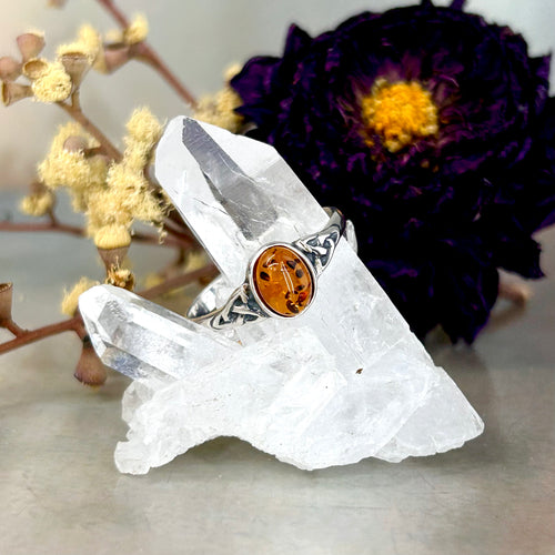 Baltic Cognac Amber Oval Triquetra Ring