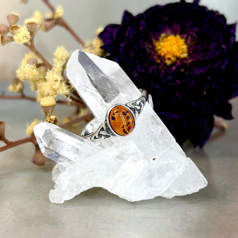 Baltic Cognac Amber Oval Triquetra Ring