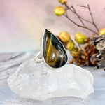 Golden-Blue Tiger’s Eye Teardrop Ring