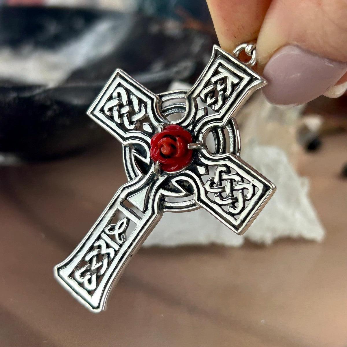 Celtic Viking Cross with Red Rose Pendant