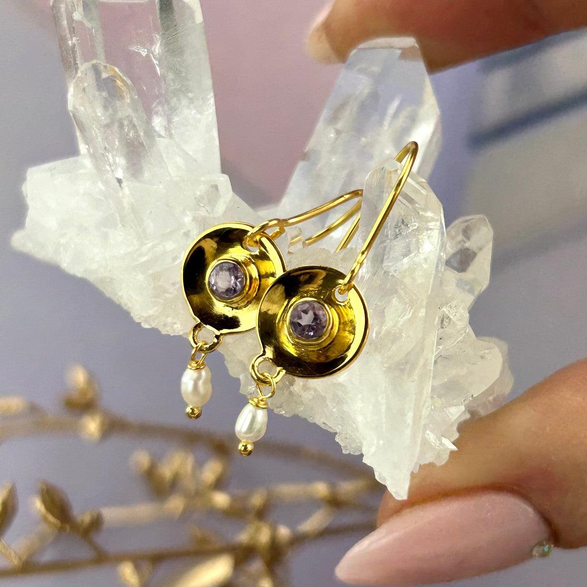Amethyst And Pearl Gold Earrings