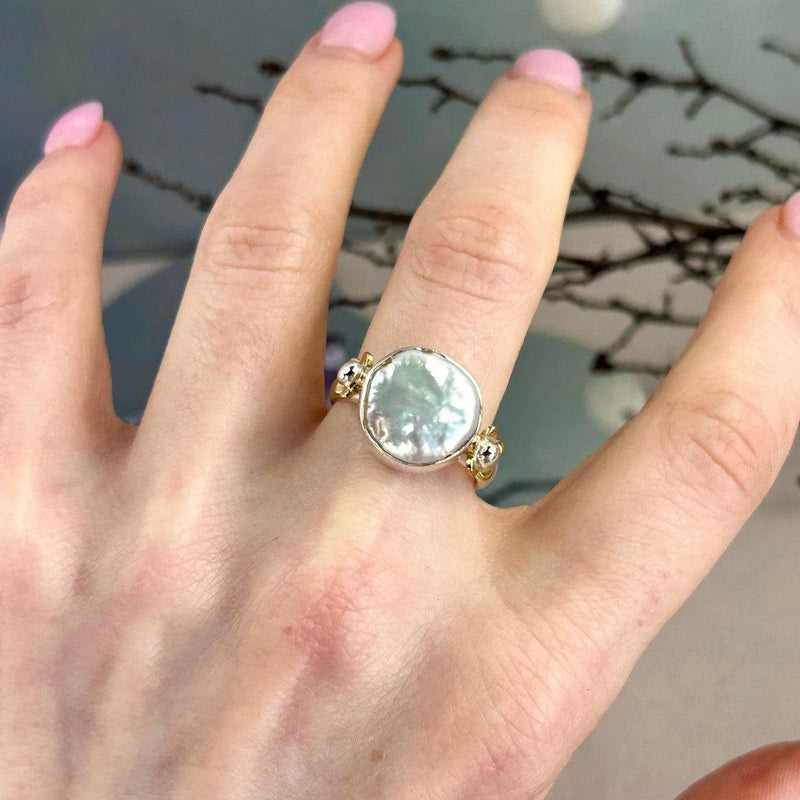 Round Pearl Silver And Gold Ring