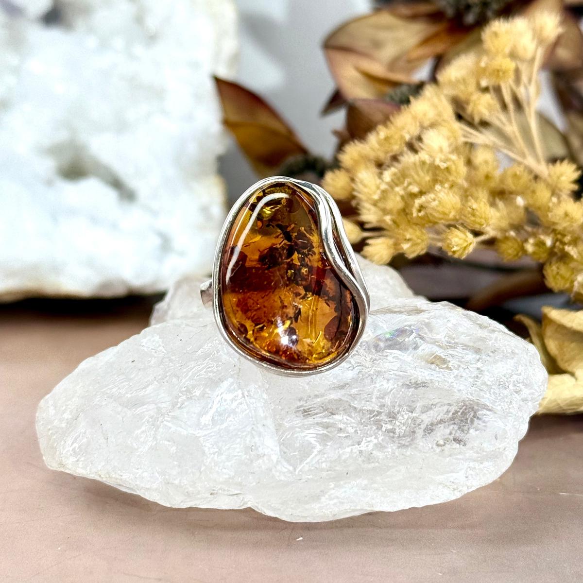 Cognac Amber Silver Ring