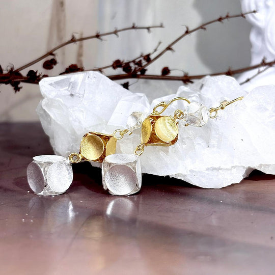 24ct Gold & 925 Silver Concave Cube Triple Drop Earrings By Janusz Szkutnik