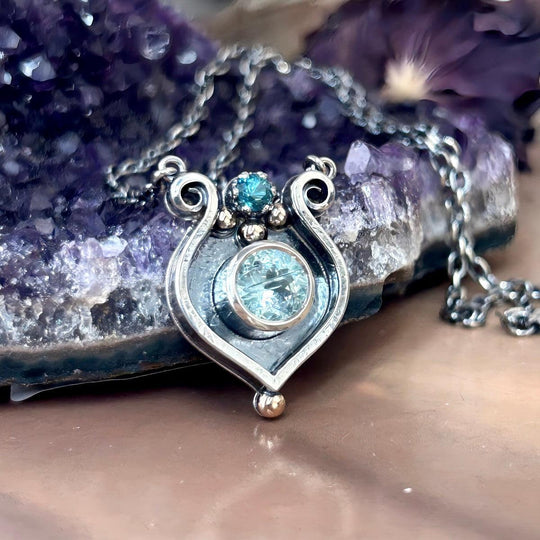 Aquamarine & Blue Tourmaline Harp Pendant & Sterling Silver Chain By Lauren Harris