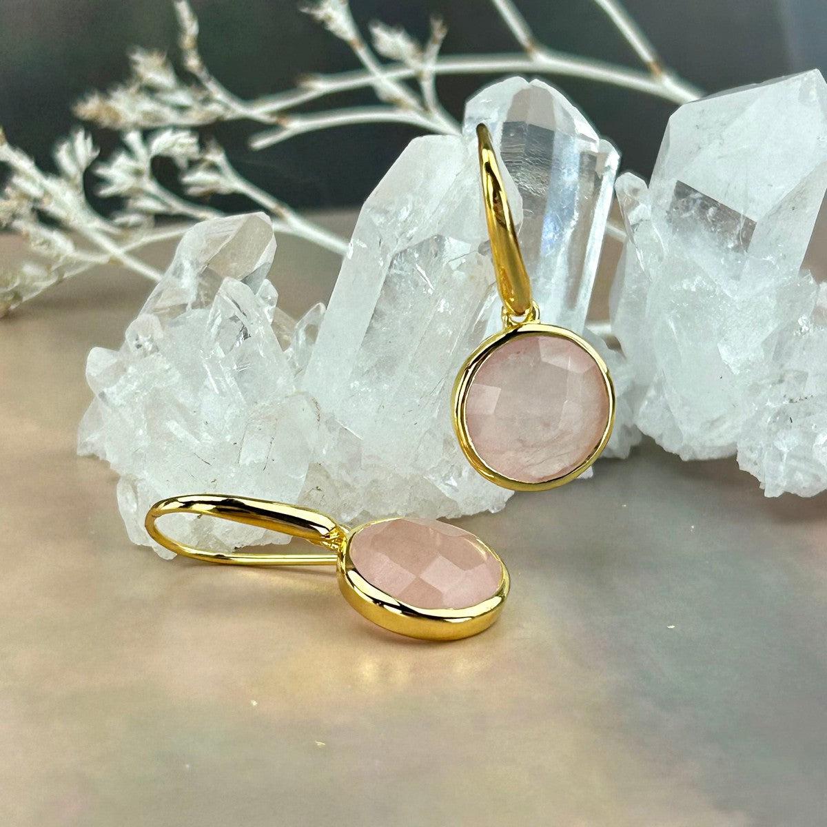 Rose Quartz Gold Disc Earrings