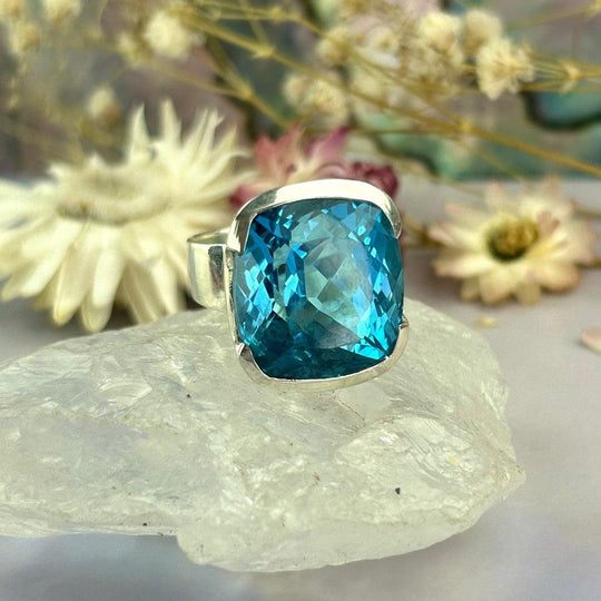 Blue Topaz Square Cushion Cut Large Cocktail Ring