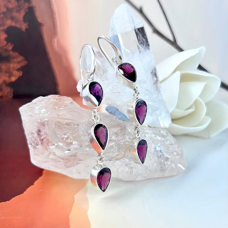 Pink Tourmaline Pear Cut Triple Drop Earrings