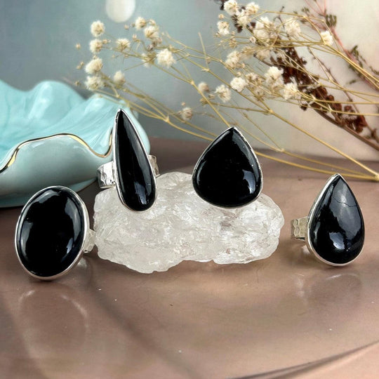 Black Tourmaline Assorted Shape Battered Silver Rings