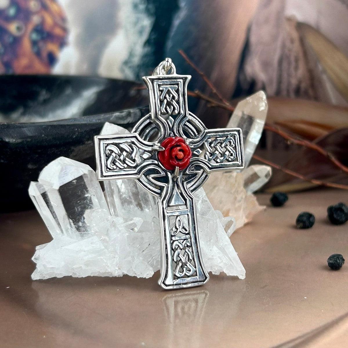 Celtic Viking Cross with Red Rose Pendant