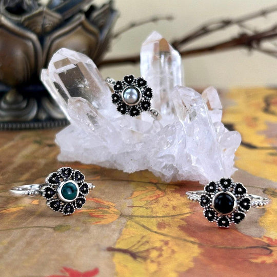 Pearl, Black Onyx or Turquoise Ornate Flower Rings