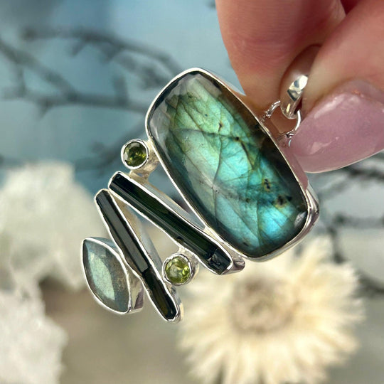 Labradorite, Green Tourmaline & Peridot Raw & Faceted Pendant