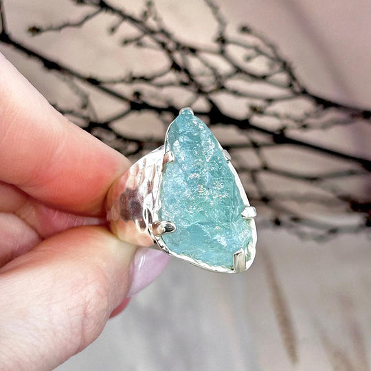 Aquamarine Raw Freeform Wide Tempered Band Ring