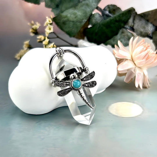 Clear Quartz Double Terminated Point & Amazonite Dragonfly Pendant