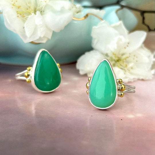 Chrysoprase Teardrop Silver & Brass Rings