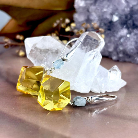 Baltic Amber Faceted Nugget & Aquamarine Bead Double Drop Earrings