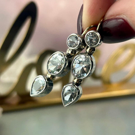 Ice Blue Killiecrankie Diamond Three Stone 9ct Yellow Gold & Sterling Silver Drop Earrings By Lauren Harris