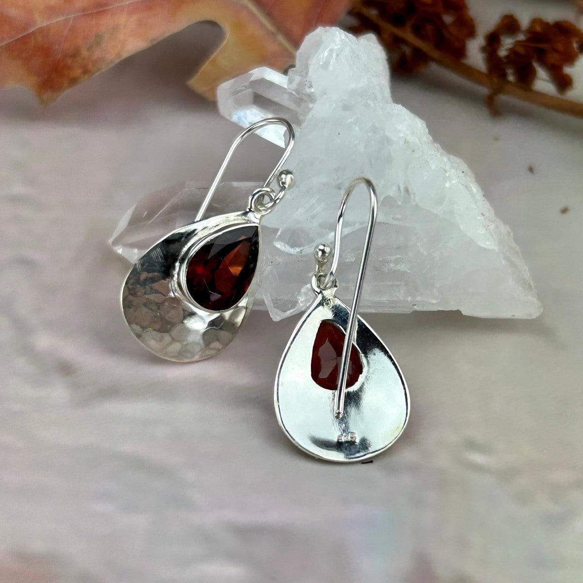 Garnet Battered Silver Earrings