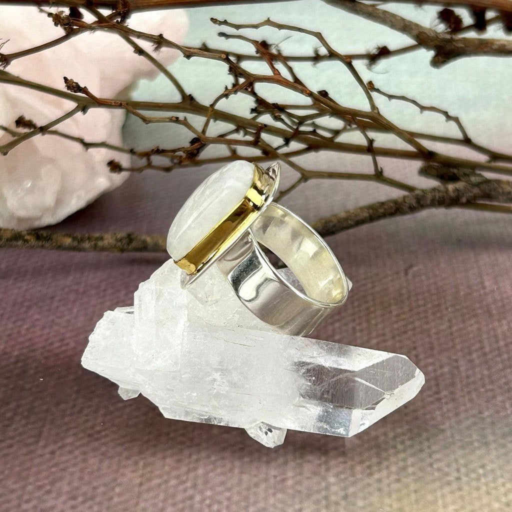 Rainbow Moonstone Silver Gold Ring