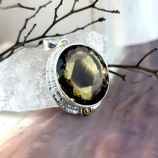 Smokey Lemon Quartz with Phantom Inclusion Oval Ornate Pendant