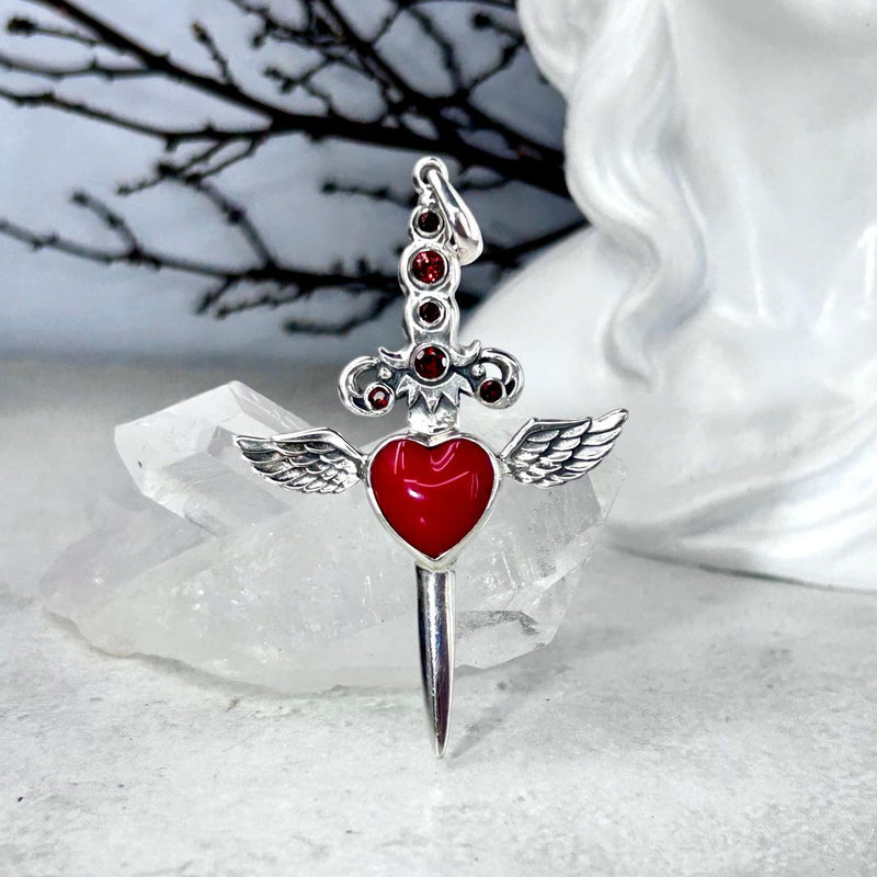 Garnet Encrusted Daggered Winged Heart Pendant