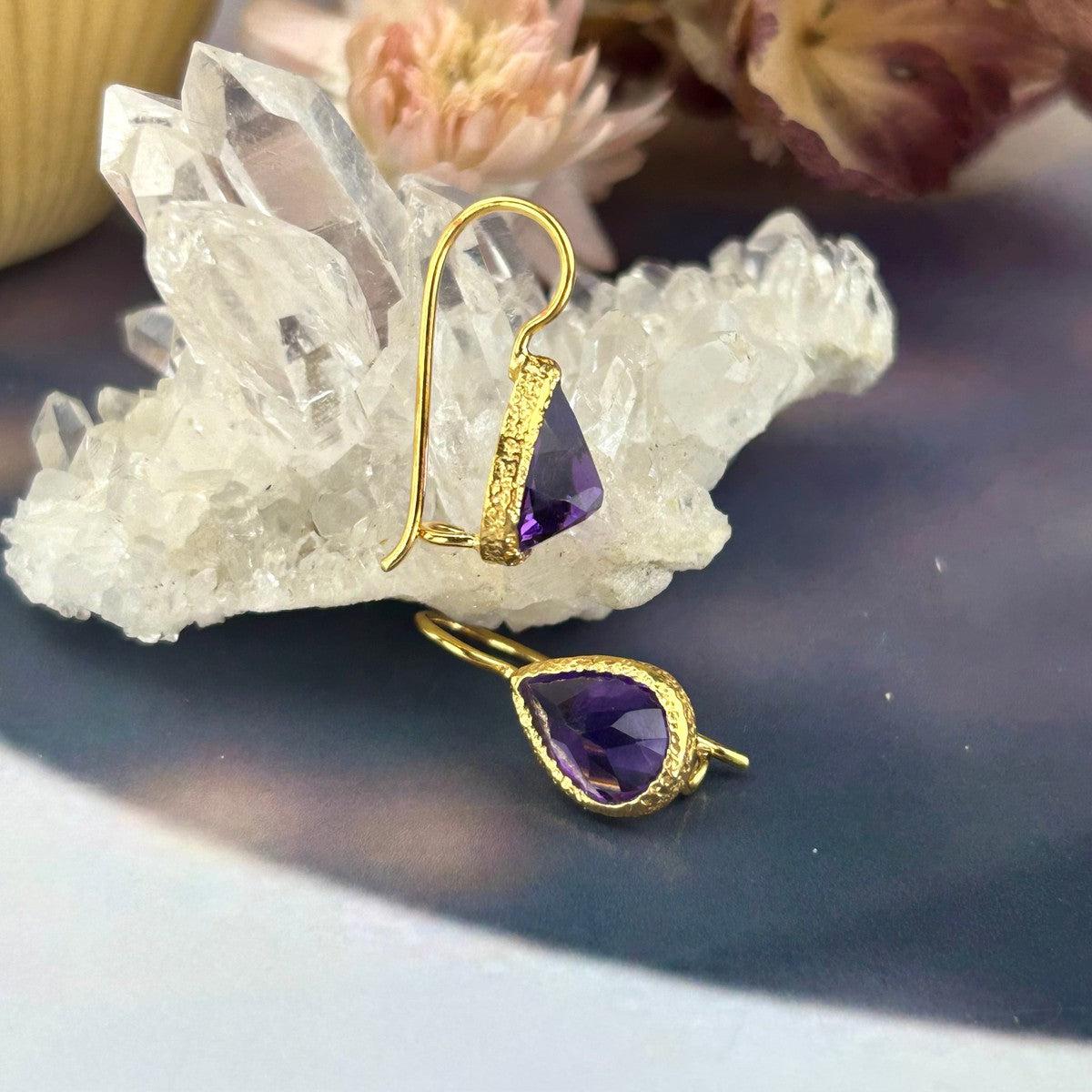 Brushed Gold Amethyst Earrings