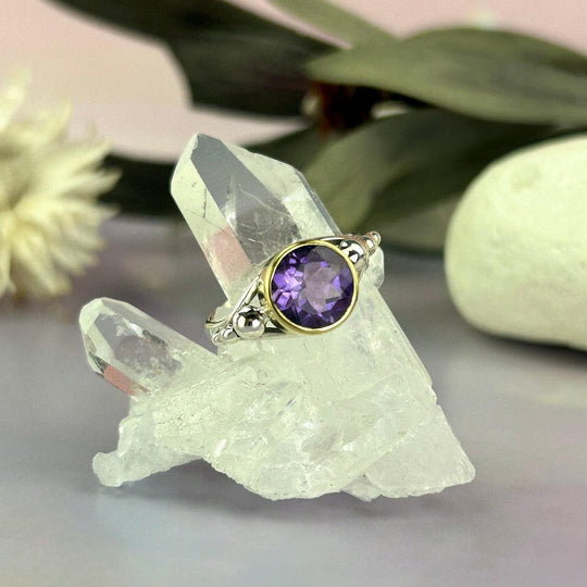 Amethyst Brilliant Cut Brass & Silver Band Ring