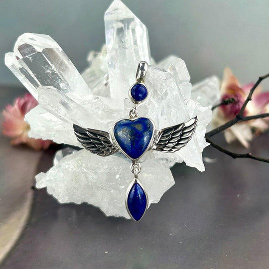 Lapis Lazuli Heart Winged Triple Drop Pendant