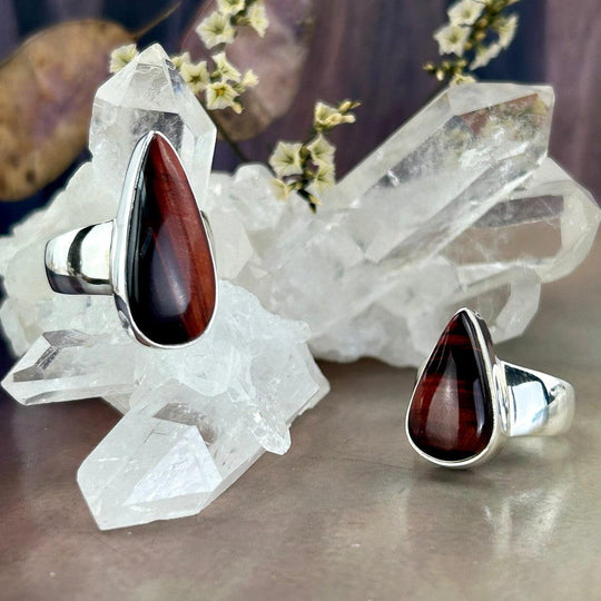 Red Tiger’s Eye Elongated Teardrop Rings