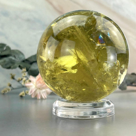 Lemon Quartz Crystal Ball With Rainbow Inclusions 7cm