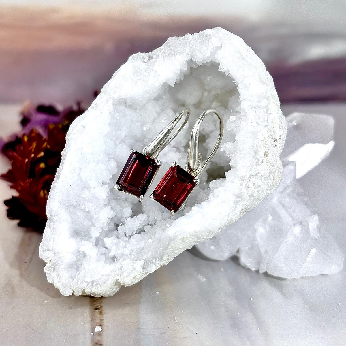 Emerald Cut Garnet Earrings