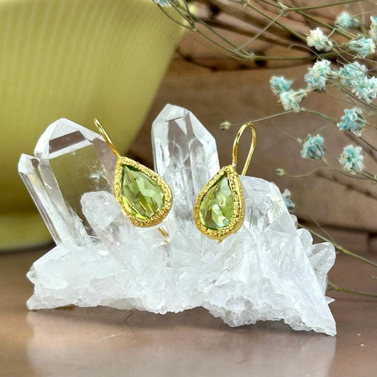 Peridot Faceted Teardrop Brushed Gold Drop Earrings