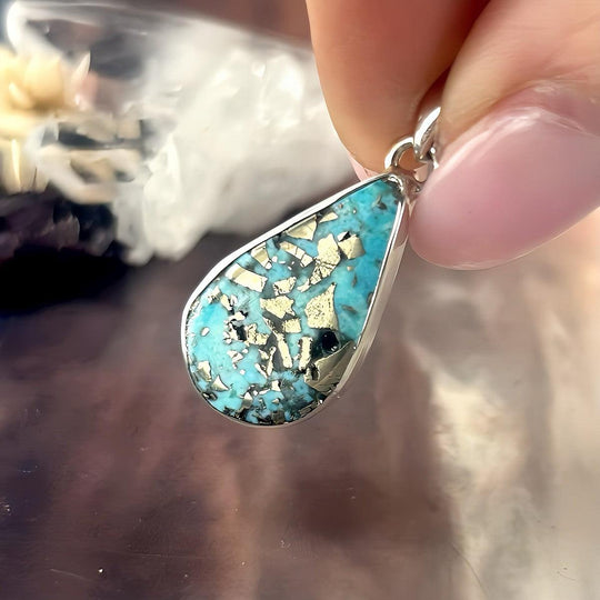 Turquoise (Persian) & Pyrite Teardrop Pendant