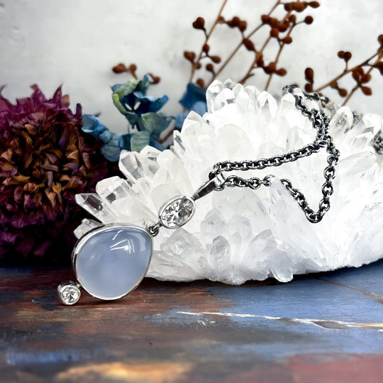 Blue Chalcedony & Killiecrankie Diamond Pendant & Sterling Silver Chain By Lauren Harris
